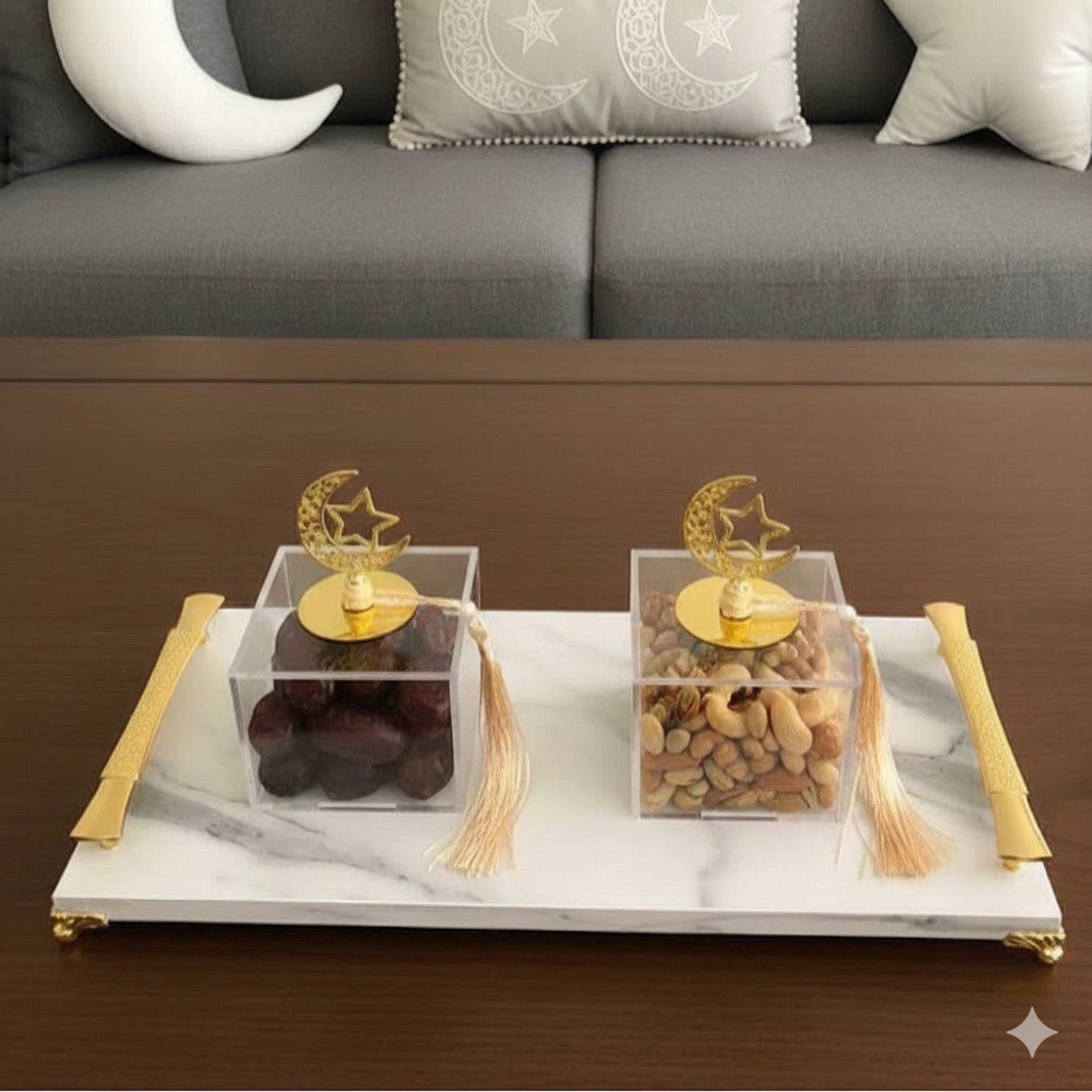 TAJ Luxury Marble Tray Set with Acrylic Boxes – Ramadan Edition