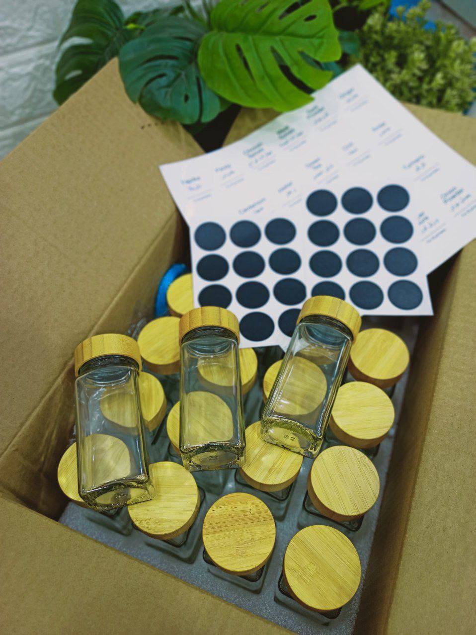 Elegant 24-Piece Glass Spice Jar Set with Bamboo Lids