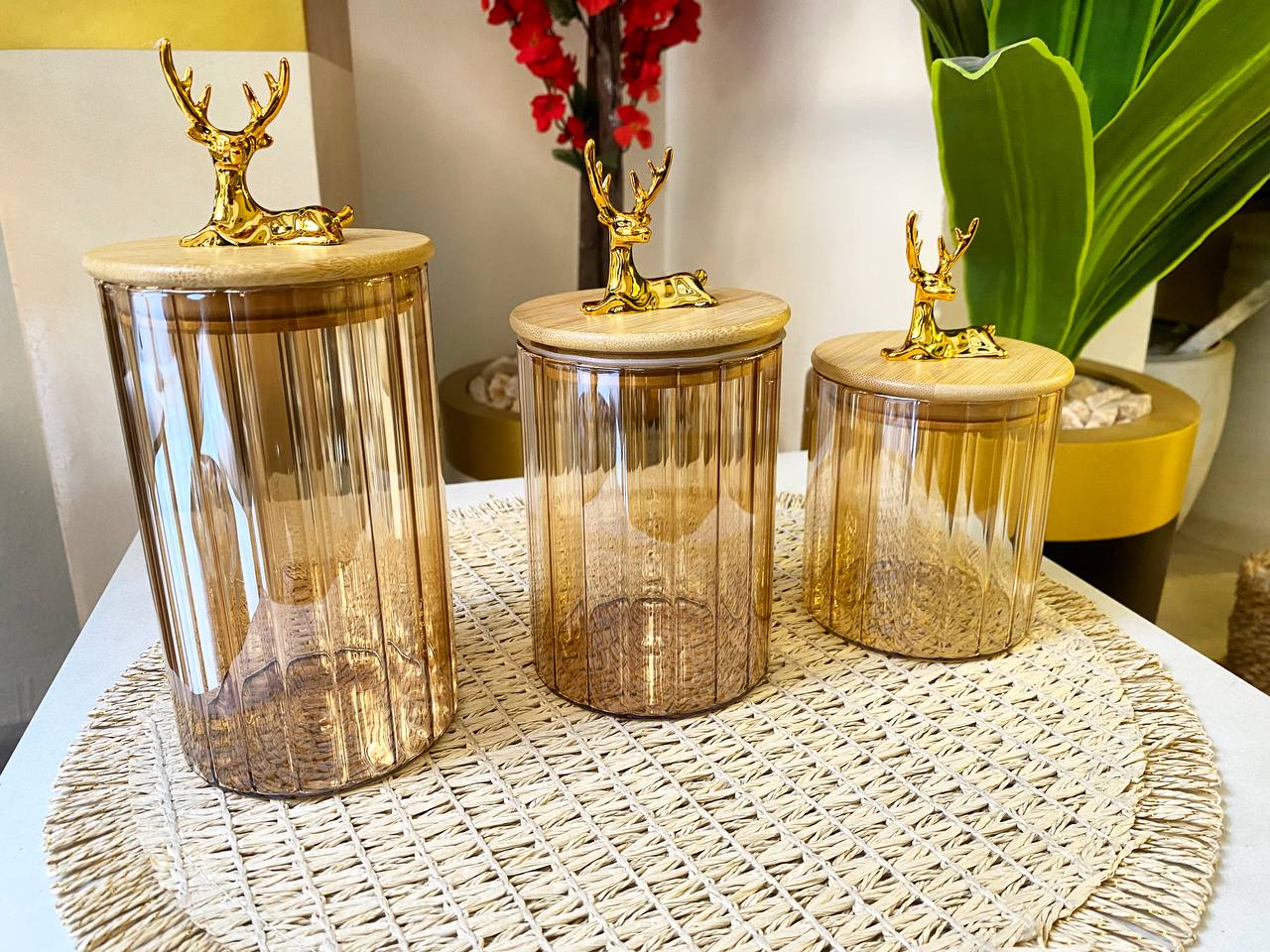 Deer-Themed Glass Candy & Spice Jar with Bamboo Lid – 3 Sizes