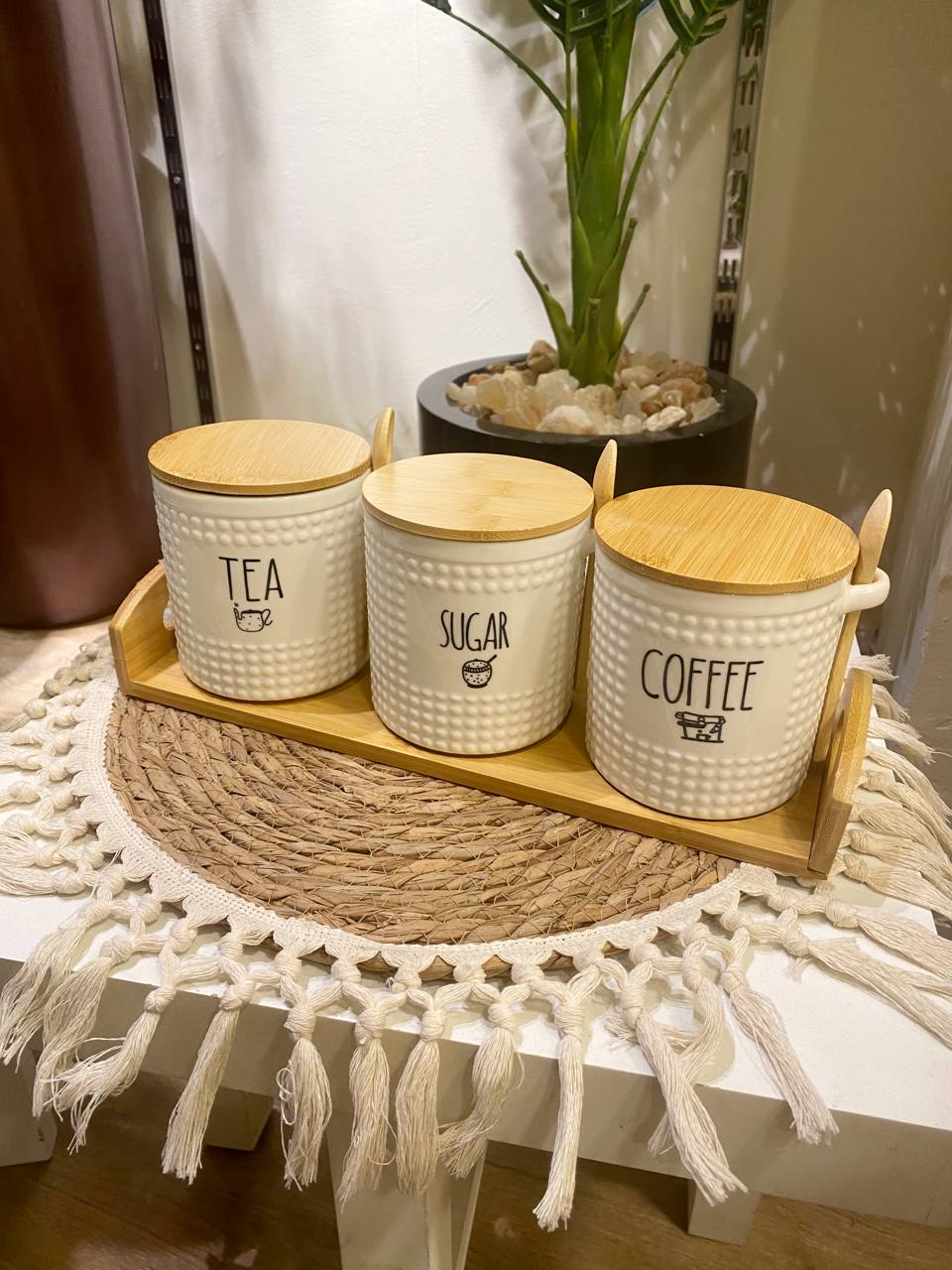 Porcelain Spice Jar Set with Bamboo Lid & Spoon – 3 Pieces