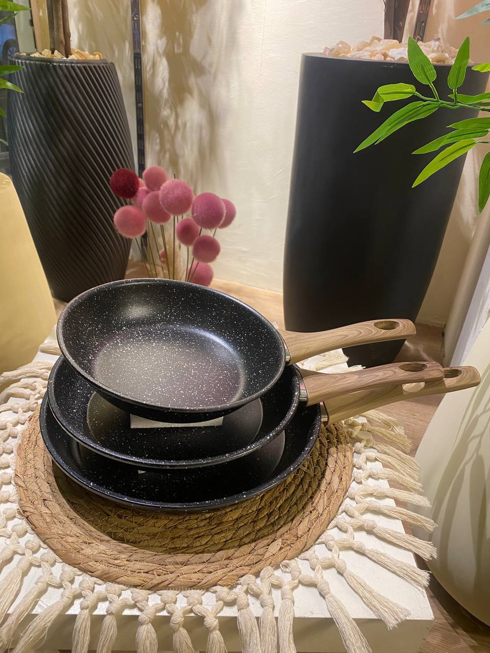 Premium Granite Frying Pan Set with Heat-Resistant Handles – 3 Pieces