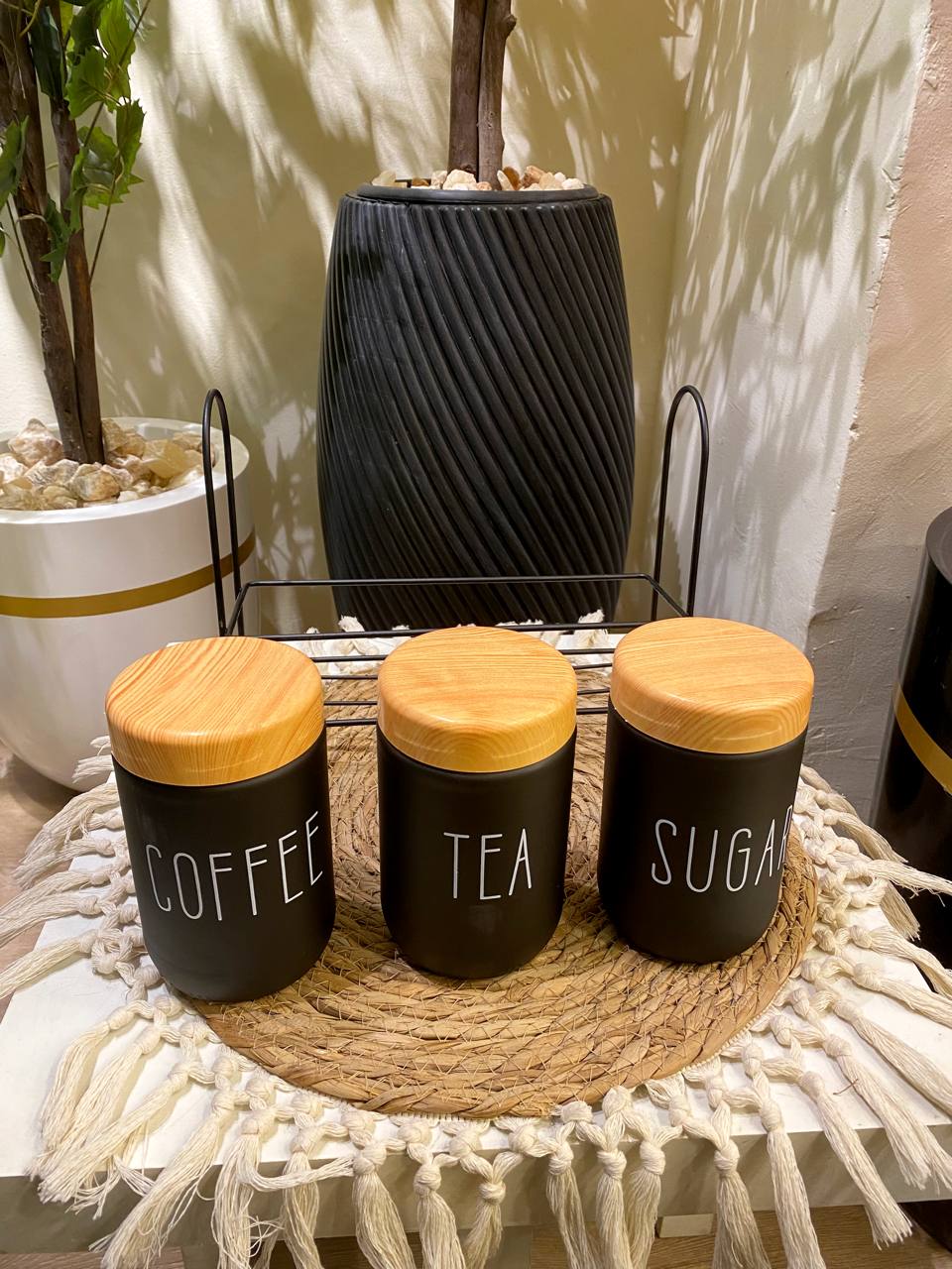 Elegant Glass Coffee Jar Set with Metal Stand – 3 Pieces