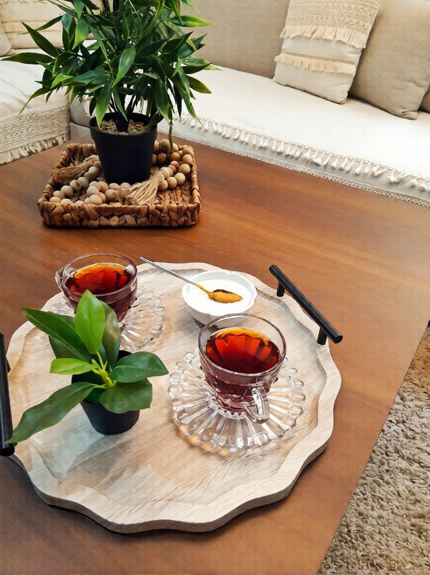 Elegant Round Wooden Serving Tray with Metal Handles – 38 cm