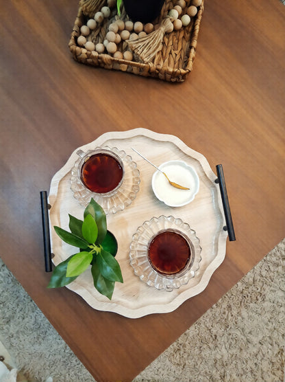 Elegant Round Wooden Serving Tray with Metal Handles – 38 cm