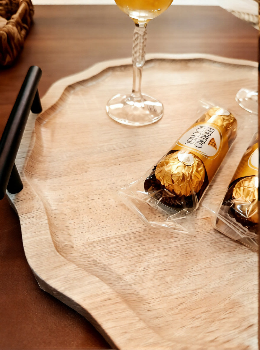 Elegant Round Wooden Serving Tray with Metal Handles – 38 cm