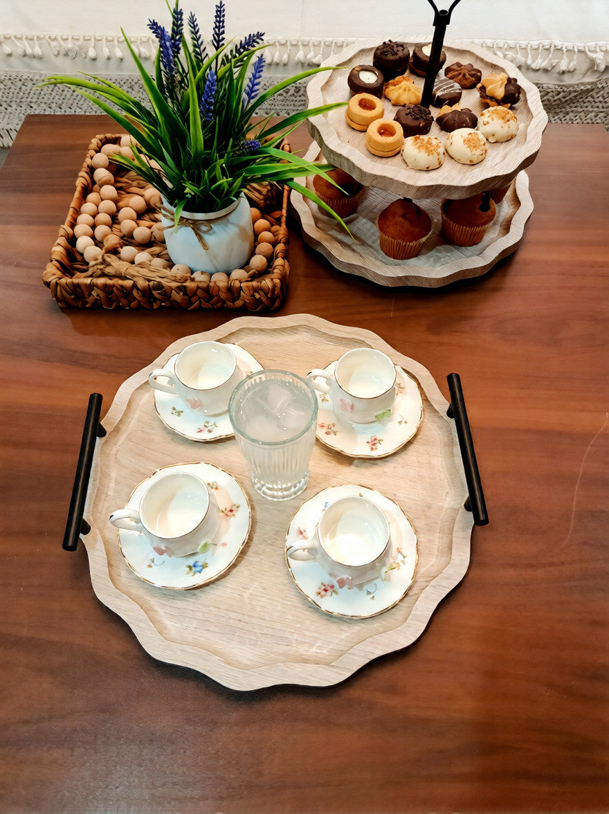 Elegant Round Wooden Serving Tray with Metal Handles – 38 cm