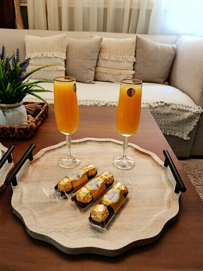 Elegant Round Wooden Serving Tray with Metal Handles – 38 cm