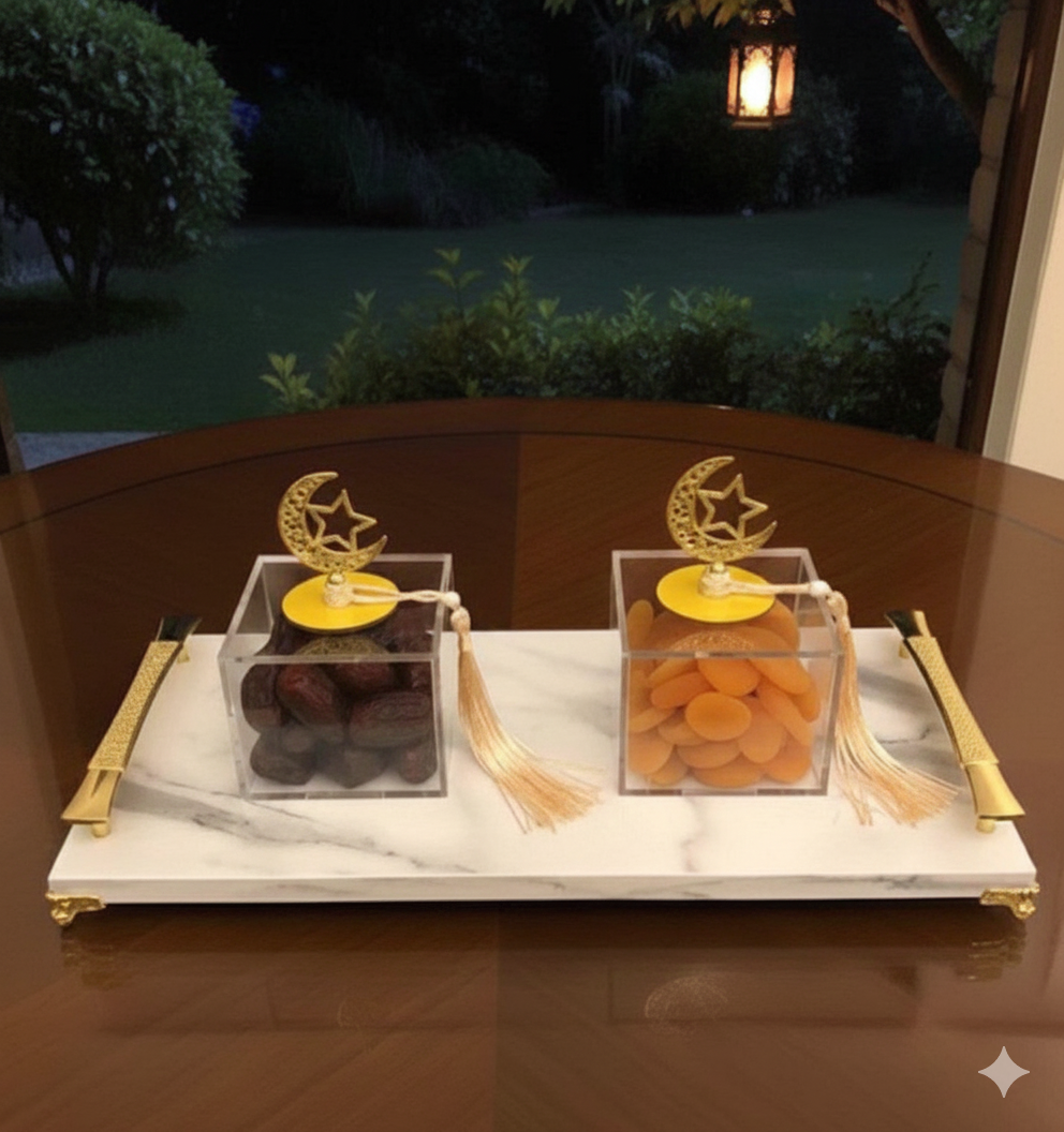 TAJ Luxury Marble Tray Set with Acrylic Boxes – Ramadan Edition