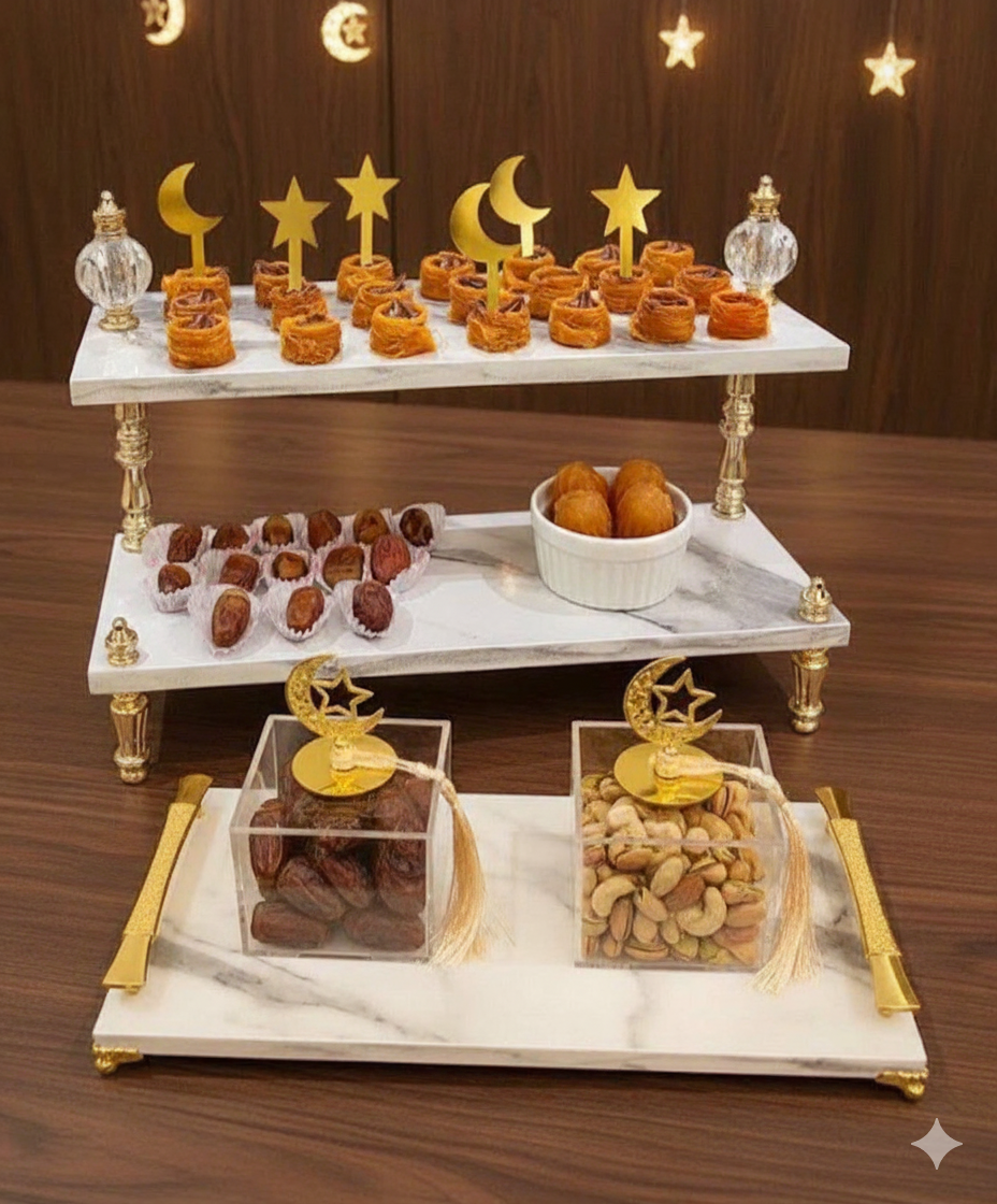 TAJ Luxury Marble Tray Set with Acrylic Boxes – Ramadan Edition