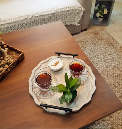 Elegant Round Wooden Serving Tray with Metal Handles – 38 cm