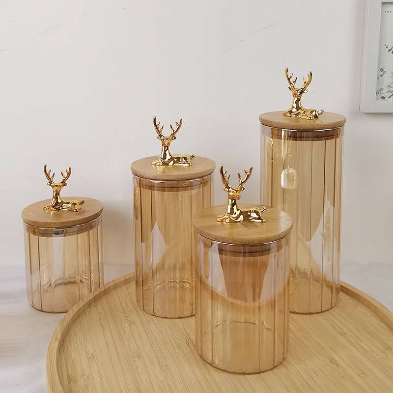 Deer-Themed Glass Candy & Spice Jar with Bamboo Lid – 3 Sizes