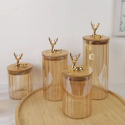 Deer-Themed Glass Candy & Spice Jar with Bamboo Lid – 3 Sizes