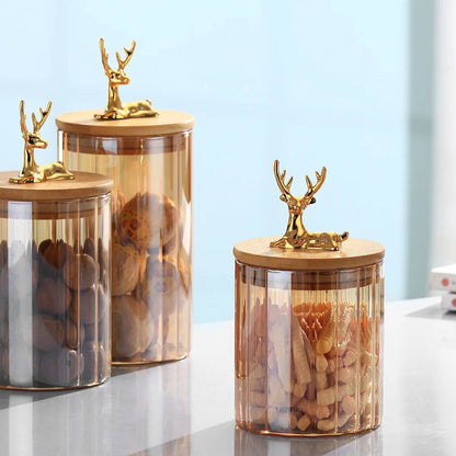 Deer-Themed Glass Candy & Spice Jar with Bamboo Lid – 3 Sizes