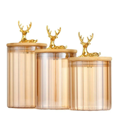 Deer-Themed Glass Candy & Spice Jar with Bamboo Lid – 3 Sizes