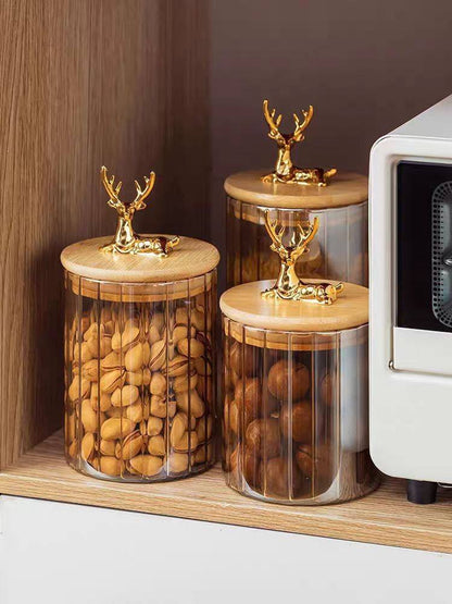 Deer-Themed Glass Candy & Spice Jar with Bamboo Lid – 3 Sizes