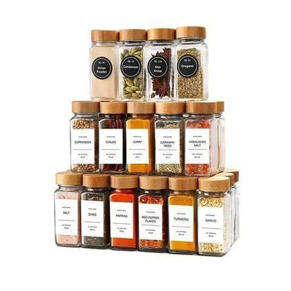 Elegant 12-Piece Square Glass Spice Jar Set with Wooden Lids