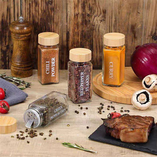 Elegant 12-Piece Square Glass Spice Jar Set with Wooden Lids