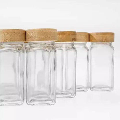 Elegant 12-Piece Square Glass Spice Jar Set with Wooden Lids