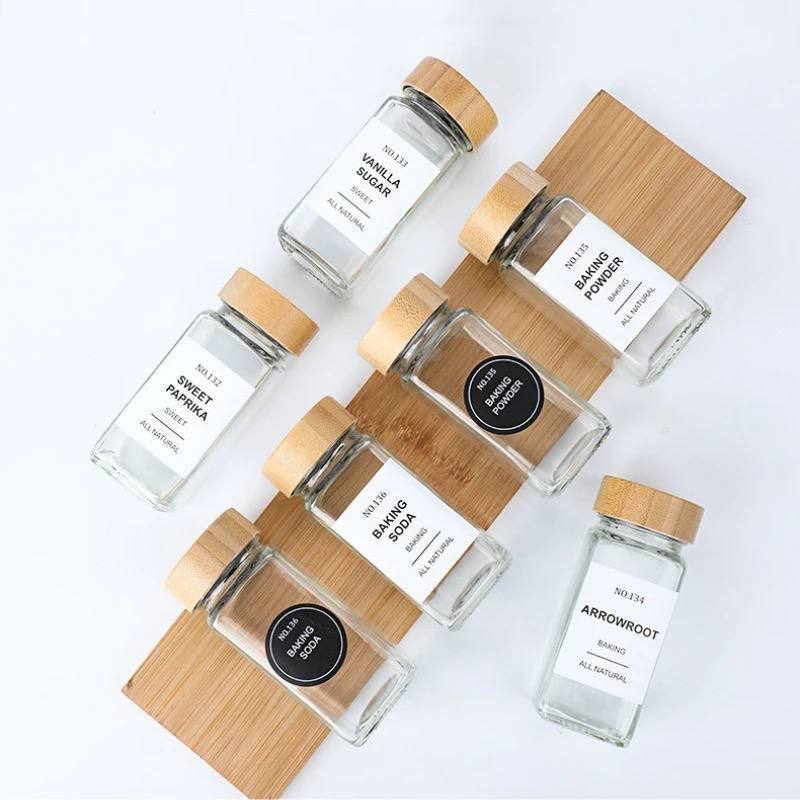 Elegant 12-Piece Square Glass Spice Jar Set with Wooden Lids