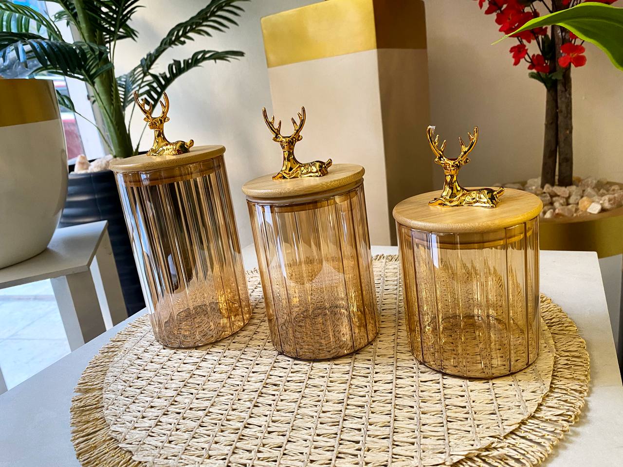Deer-Themed Glass Candy & Spice Jar with Bamboo Lid – 3 Sizes