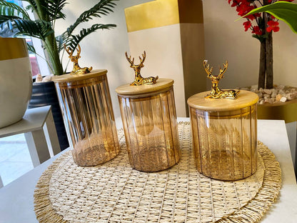 Deer-Themed Glass Candy & Spice Jar with Bamboo Lid – 3 Sizes