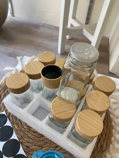 Elegant 12-Piece Square Glass Spice Jar Set with Wooden Lids