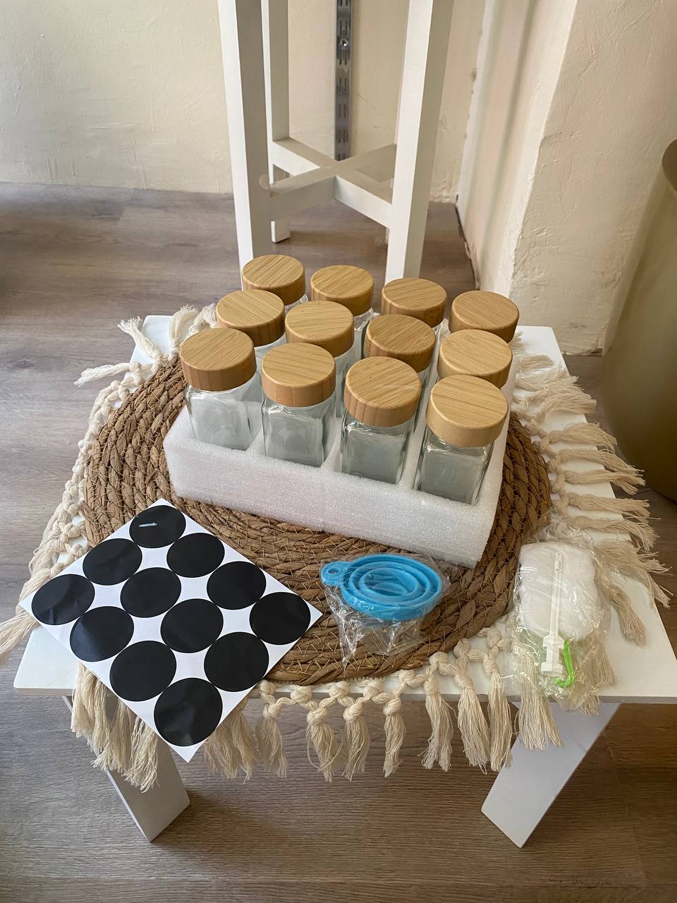 Elegant 12-Piece Square Glass Spice Jar Set with Wooden Lids