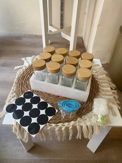 Elegant 12-Piece Square Glass Spice Jar Set with Wooden Lids