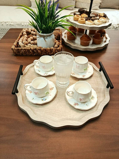 Elegant Round Wooden Serving Tray with Metal Handles – 38 cm