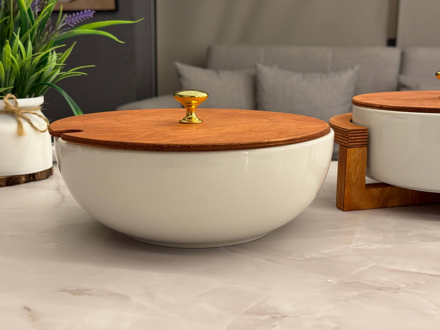 Heat-Resistant Porcelain Casserole Set with Wooden Lid – 2 Pieces