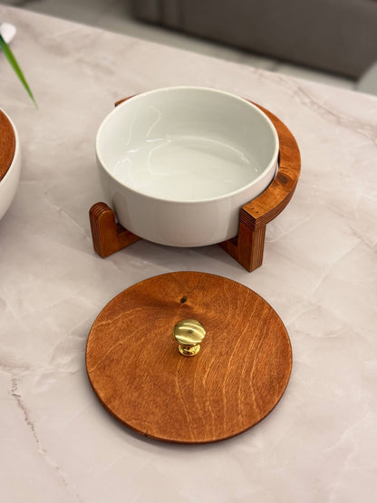 Heat-Resistant Porcelain Casserole Set with Wooden Lid – 2 Pieces