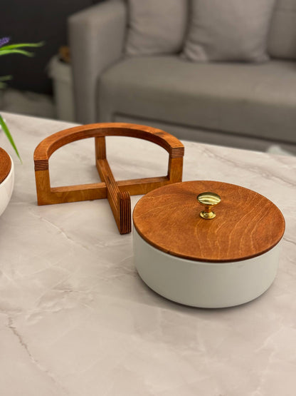 Heat-Resistant Porcelain Casserole Set with Wooden Lid – 2 Pieces