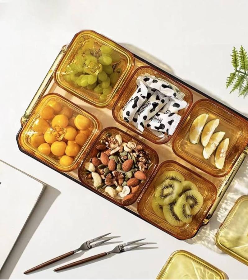 Elegant Honey-Tone Square Glass Bowl Set with Acrylic Lids & Tray