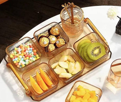 Elegant Honey-Tone Square Glass Bowl Set with Acrylic Lids & Tray