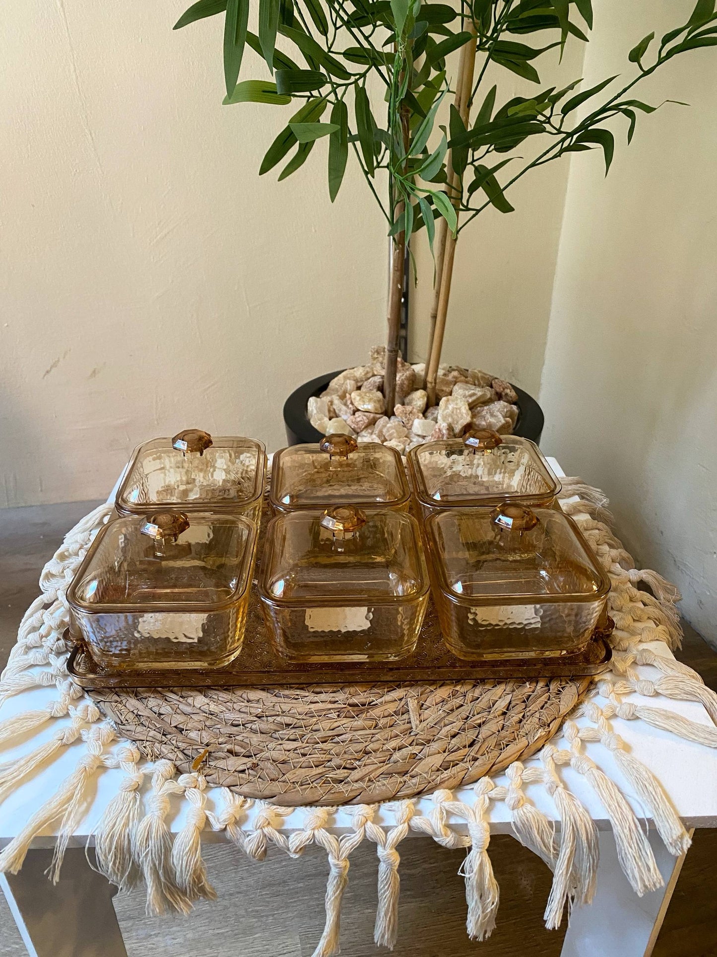 Elegant Honey-Tone Square Glass Bowl Set with Acrylic Lids & Tray