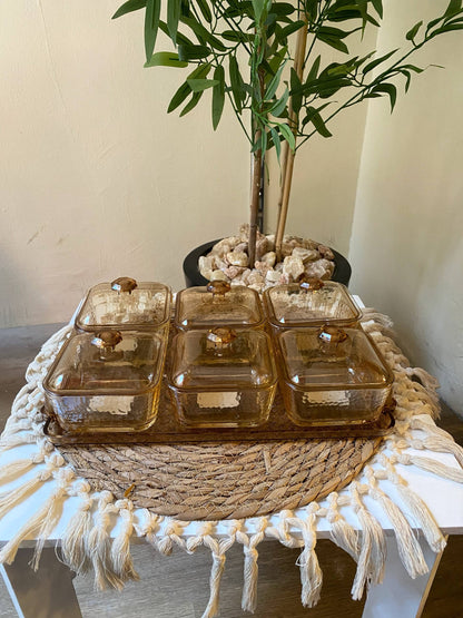 Elegant Honey-Tone Square Glass Bowl Set with Acrylic Lids & Tray