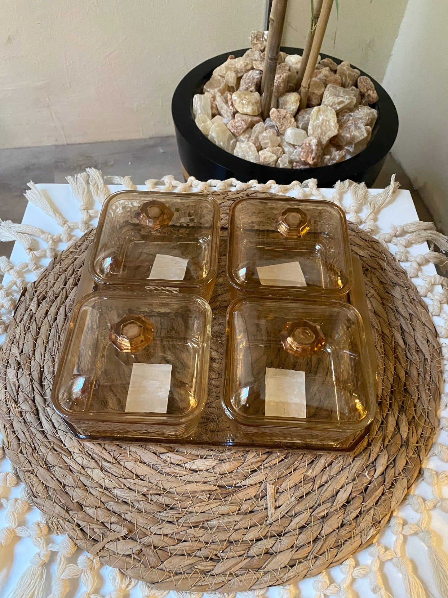 Elegant Honey-Tone Square Glass Bowl Set with Acrylic Lids & Tray