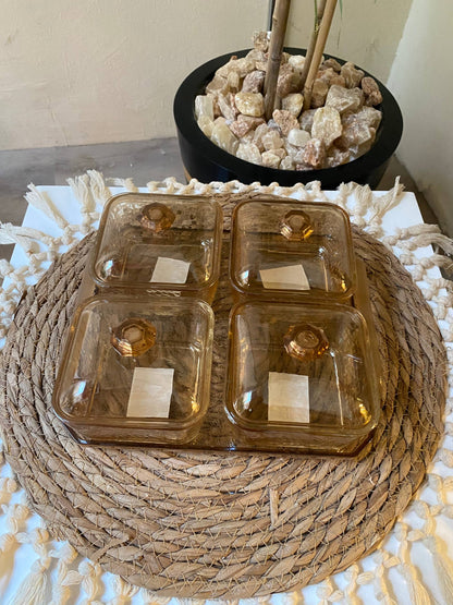 Elegant Honey-Tone Square Glass Bowl Set with Acrylic Lids & Tray