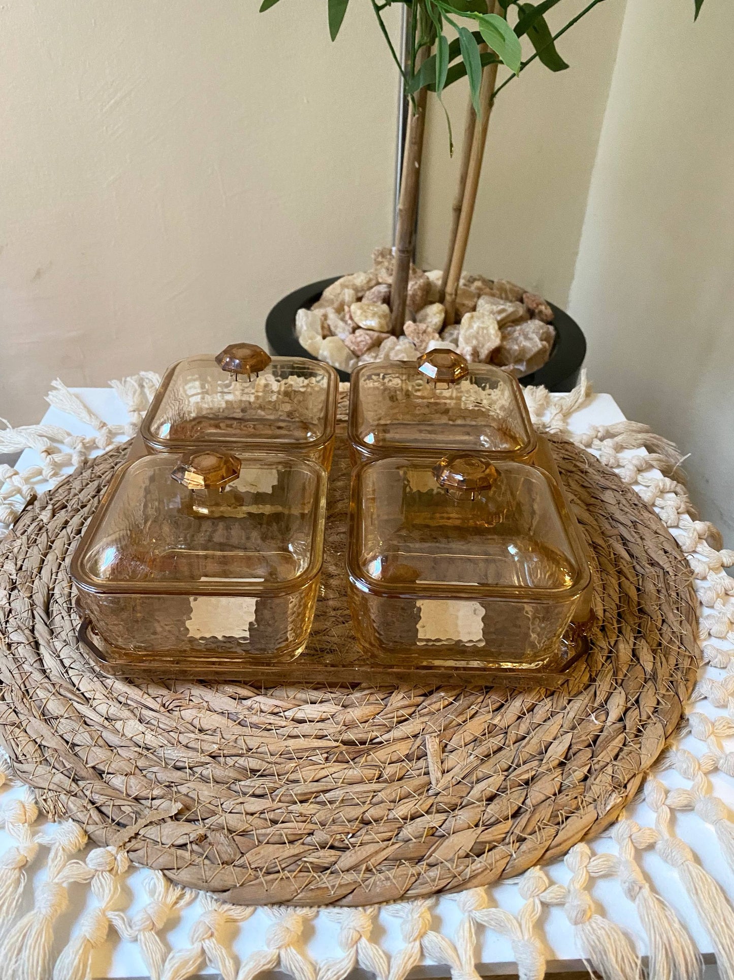 Elegant Honey-Tone Square Glass Bowl Set with Acrylic Lids & Tray
