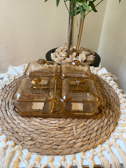 Elegant Honey-Tone Square Glass Bowl Set with Acrylic Lids & Tray