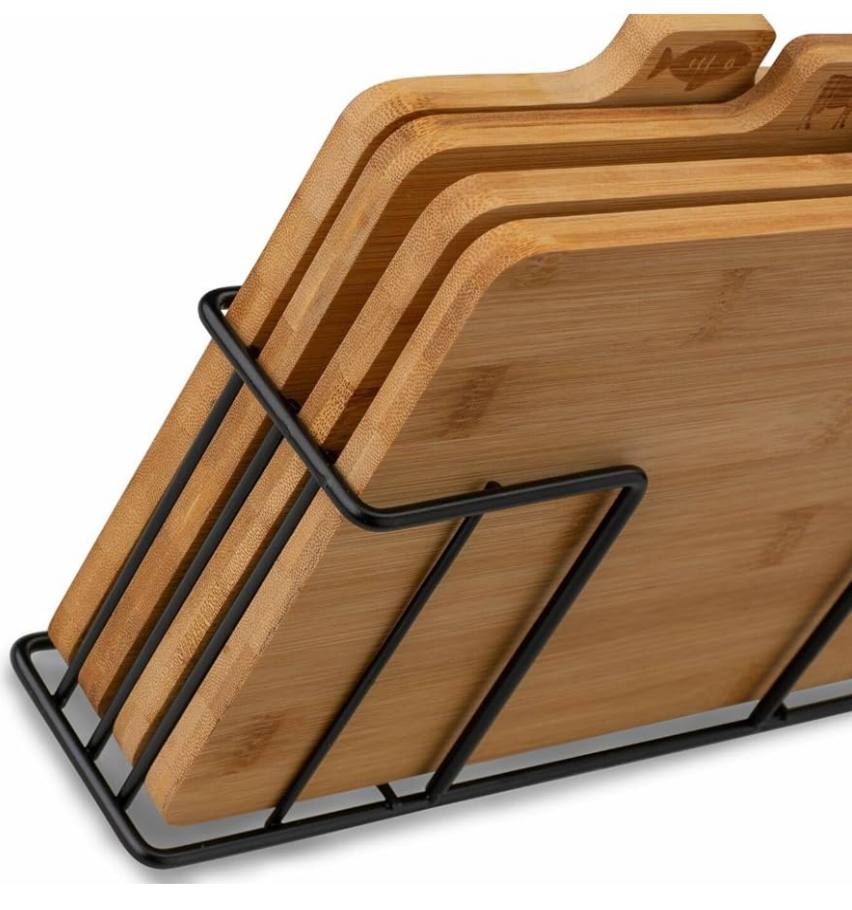 Elegant Bamboo Cutting Board Set – 4 Pieces with Metal Stand