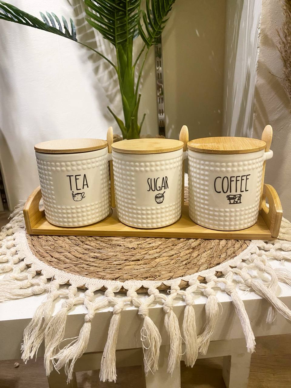 Porcelain Spice Jar Set with Bamboo Lid & Spoon – 3 Pieces