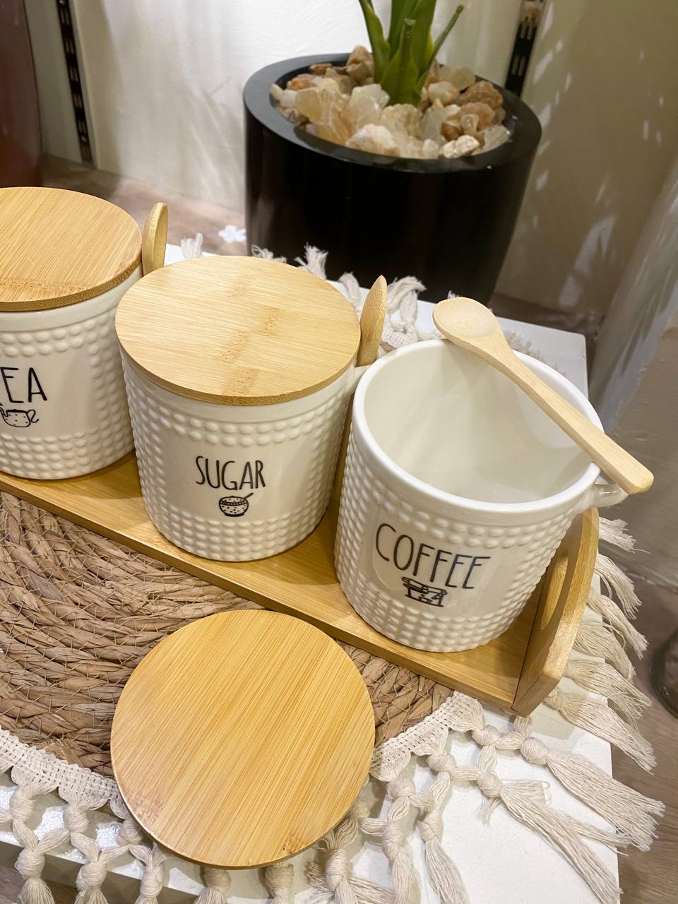 Porcelain Spice Jar Set with Bamboo Lid & Spoon – 3 Pieces