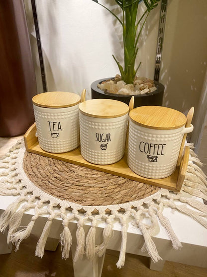 Porcelain Spice Jar Set with Bamboo Lid & Spoon – 3 Pieces