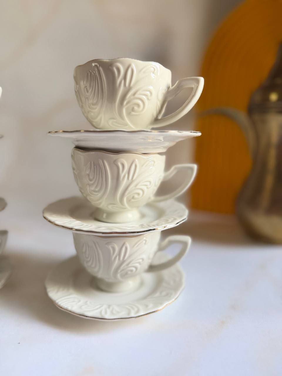 White & Gold Coffee Cup Set – 6 Cups with Saucers (12 Pieces)