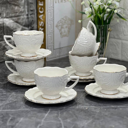 White & Gold Coffee Cup Set – 6 Cups with Saucers (12 Pieces)