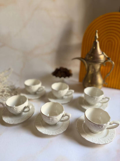 White & Gold Coffee Cup Set – 6 Cups with Saucers (12 Pieces)