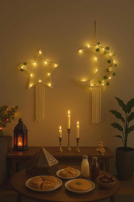 Macramé Crescent & Star Decor Set with Warm LED Lights + Free Gift