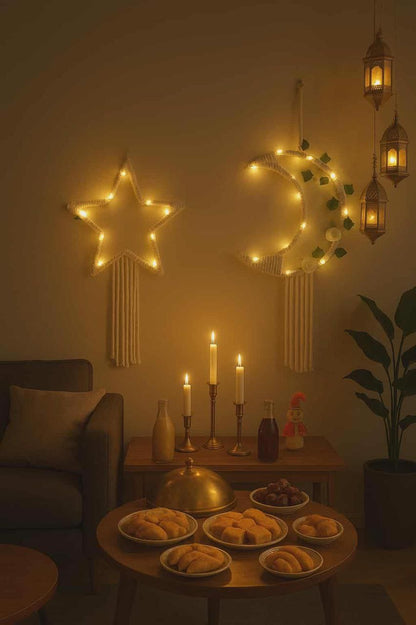 Macramé Crescent & Star Decor Set with Warm LED Lights + Free Gift