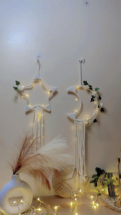 Macramé Crescent & Star Decor Set with Warm LED Lights + Free Gift